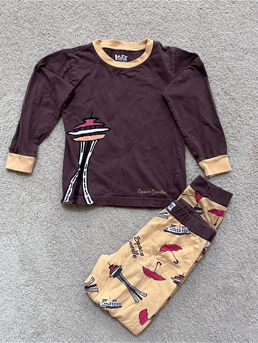 Lazy One Kids Space Needle Pajama Set - Brown & Tan with Pink Accent